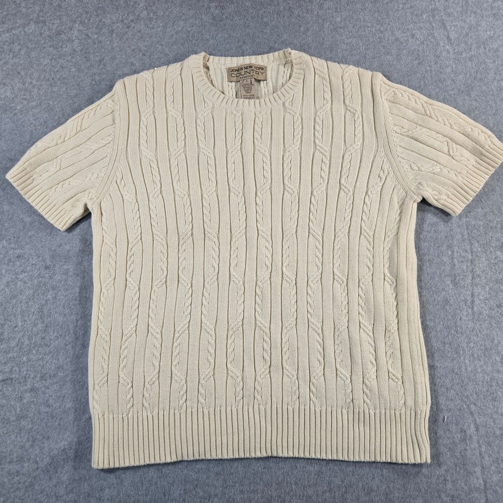 Jones New York Country Cream Cable Knit Short Sleeve Cotton Sweater Large - Picture 1 of 14
